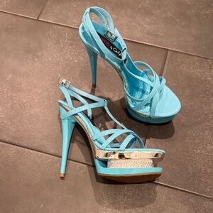 Sky Blue Strappy Heels Rhinestone Platform 6.5